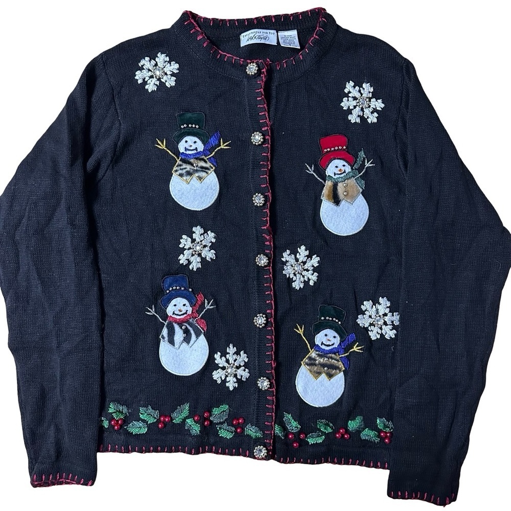 VTG Lord & Taylor Ugly Christmas Cardigan Snowman Beaded Holiday Sweater Small